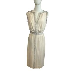 Vintage 1960s Silk Beaded Sheath Dress Ivory White S 4